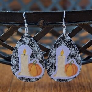 Hand Crafted Black and Orange Candle & Pumpkin Teardrop Earrings